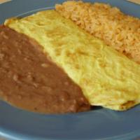 Omelet de Jamón y Queso · Delicious ham and cheese omelet. Served with our classic rice, signature beans, and warm tor...
