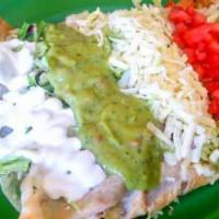 Chimichanga · Your choice of any of our delicious meat selections with rice, beans, cheese, sour cream, gu...