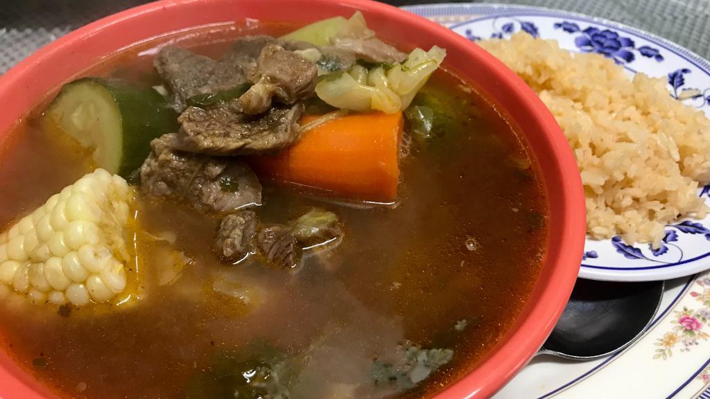 Caldo de Res · Mouth-watering beef stew with delicious vegetables. Served with rice, and warm.