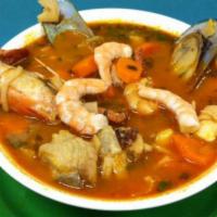 Caldo 7 Mares · Succulent seafood soup that includes  shrimp, fish, clam, among others, delicious vegetables...
