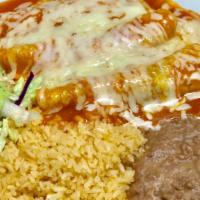 Cheese Enchiladas · 3 cheese enchiladas bathed in our house made enchilada sauce with melted cheese on top serve...