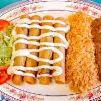Flautas · 4 Chicken meat, wrapped up in four, crunchy corn tortillas, topped with sour cream. Served w...