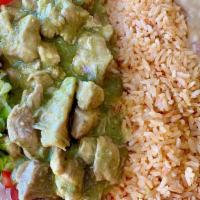 Chile Verde · Tender pieces of pork meat, sautéed in a green chilli sauce. Served with rice, beans, a smal...