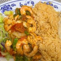 Fajitas De Camarón · Delicious grilled shrimp, seasoned with onions, tomato, bell  pepper. Served with rice, bean...