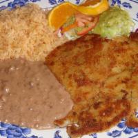 Filete de Pescado Empanizado a la Diabla · Breaded fish fillet, bathed in our extra hot, red sauce. Served with rice, beans, salad and ...