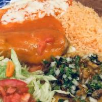 1. A Delicious Chicken Enchilada, a Chile Relleno and One Carne Asada Taco · Served with our classic rice, beans, a small salad and warm tortillas.