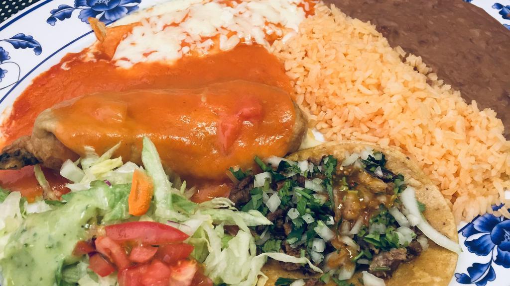 1. A Delicious Chicken Enchilada, a Chile Relleno and One Carne Asada Taco · Served with our classic rice, beans, a small salad and warm tortillas.