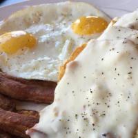 Country Style Biscuits & Gravy · Served with two eggs, bacon or country sausage, hash browns, home fries, and fruit not inclu...