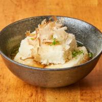 Agedashi Tofu · cristed sliken tofu, bonito flakes, fresh grated daikon, tentsuya sauce.