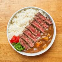 Rib - Eye Steak Kare Rice · grilled rib-eye steak served with potato, carrot, Tokyo style curry sauce, tamanishiki steam...