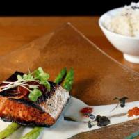 Salmon Miso Cream Sauce · Pan seared salmon with seasonal vegetables in miso-cream sauce reduction, served with rice a...