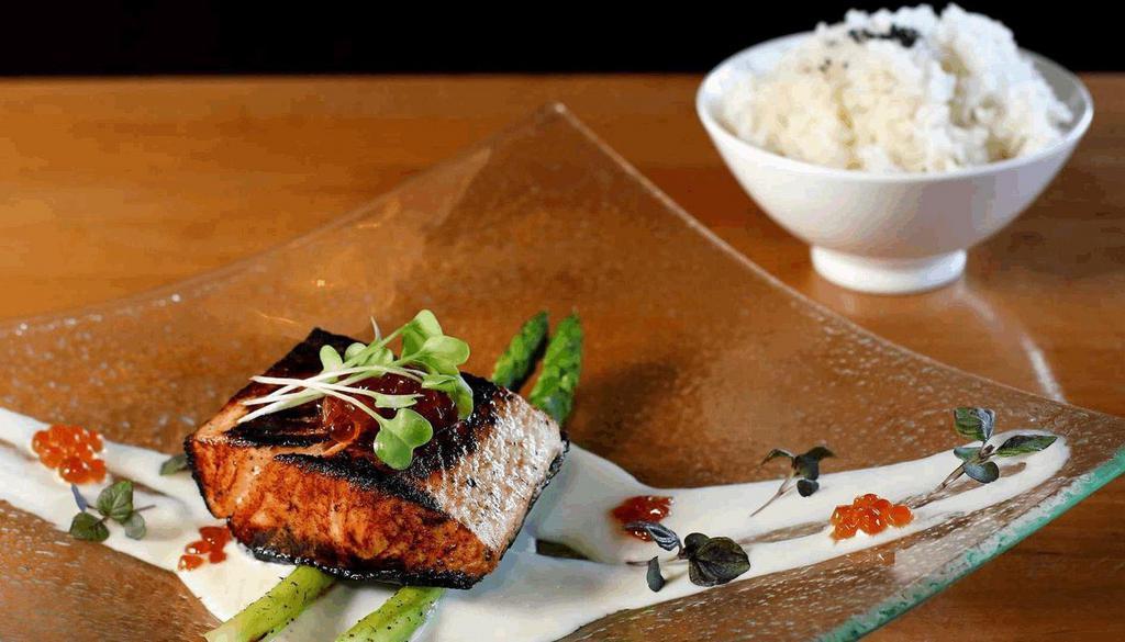 Salmon Miso Cream Sauce · Pan seared salmon with seasonal vegetables in miso-cream sauce reduction, served with rice and miso soup.