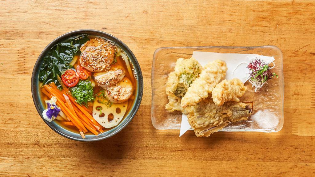 Scallop Udon Soup · Hokkaido scallop, prawns and vegetable tempura, wakame, green onion, and shoyu broth.