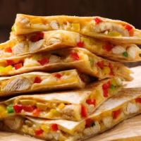 Chicken Quesadilla · Tender chicken slices, sautéed onions and peppers, tons of melty cheddar and mozzarella chee...