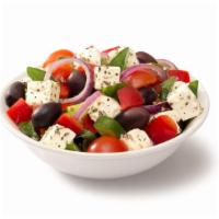 Greek Salad · Crisp romaine with cucumbers, bell peppers, tomatoes, onion, tangy feta cheese, and kalamata...