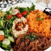 Braised Lamb Shoulder Bowl · with basmati rice, salad, herb yogurt and harissa