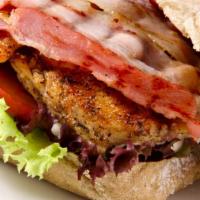 Chicken Bacon Ranch Hot Sandwich · Delicious grilled chicken breast marinated in red wine vinegar, crispy bacon, red onions, to...