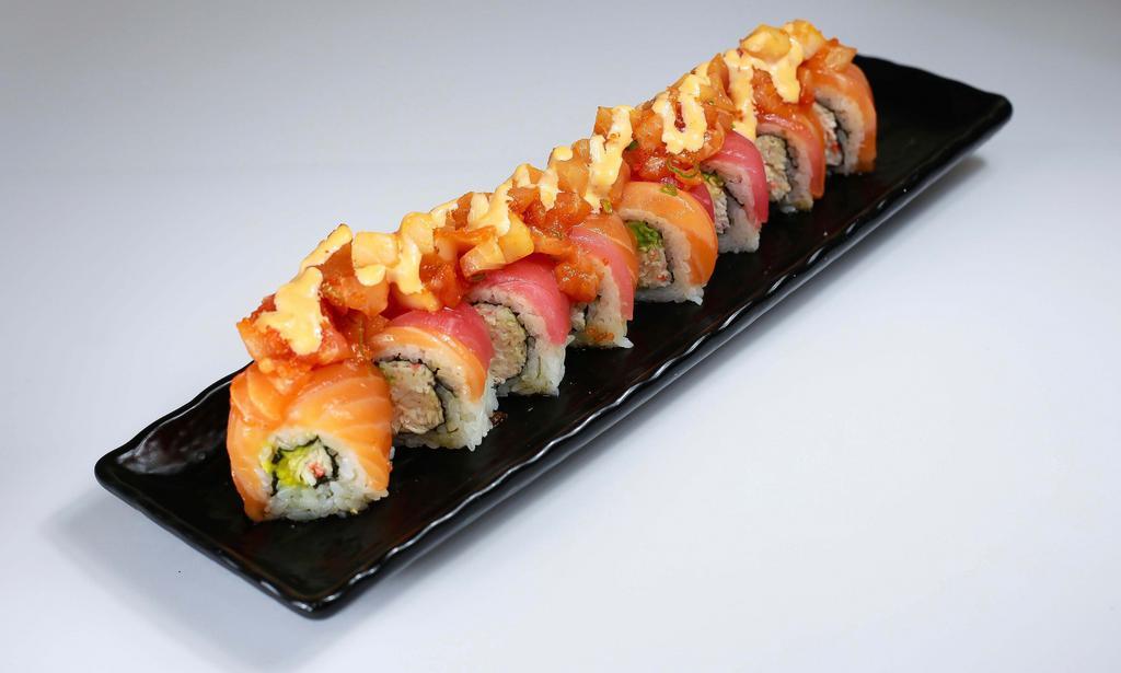 Sunset & Sunrise · Spicy. In crab mix and avocado. Out salmon, tuna, fish mix, and tobiko.