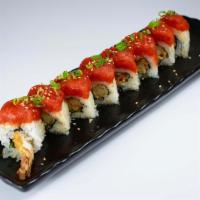 Red Dragon · Spicy. In shrimp tempura, cucumber, and macadamia nut. Out spicy tuna, green onion, and sesa...