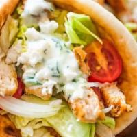 Chicken Gyro · Seasoned chicken meat cooked on rotisserie. Contains fresh lettuce, tomato, onions, and spec...