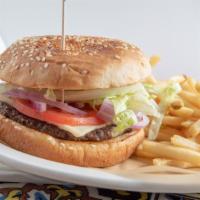 Cheese Burger · Beef patty topped with American cheese, lettuce, tomato, onion, mayonnaise and toasted white...