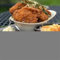 Large Bucket of Yard Birds · Buttermilk whole fried chicken, mac and cheese, sausage biscuits