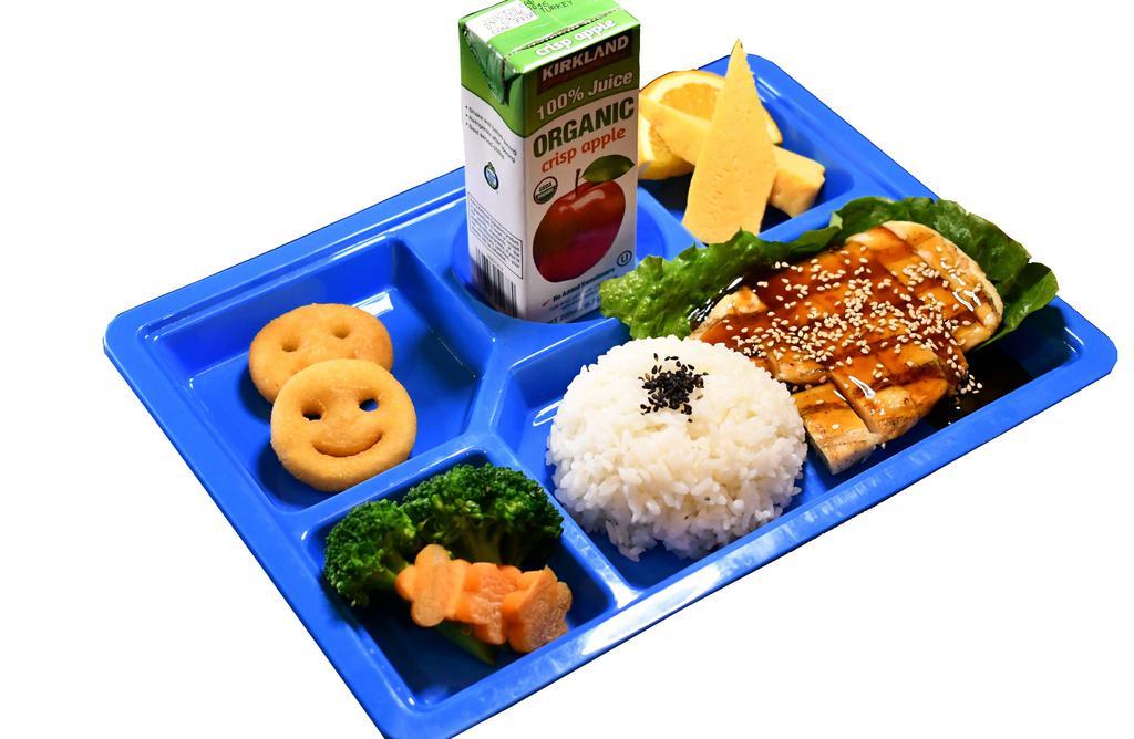 Teriyaki Set · Broiled Vegetables, Smiley Fries, Tamago, Orange Slice, Chicken Teriyaki, Rice and Organic Juice