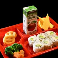 Sushi Set · Broiled Vegetables, Smiley Fries, Tamago, Orange Slice, California Roll and Organic Juice Box
