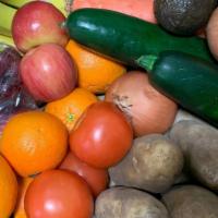 Mixed Box · Potatoes, yellow onions, tomatoes, avocados, green zucchini, lettuce, cucumber, carrots, Fuj...