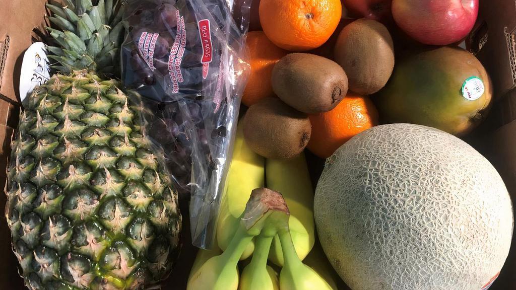 Fruit Box · Fuji apples, kiwis, oranges, grapes, mango, pineapple, cantaloupe, bananas and strawberries. Some items may be substituted.  Approx. weight is 18-19 lbs.
