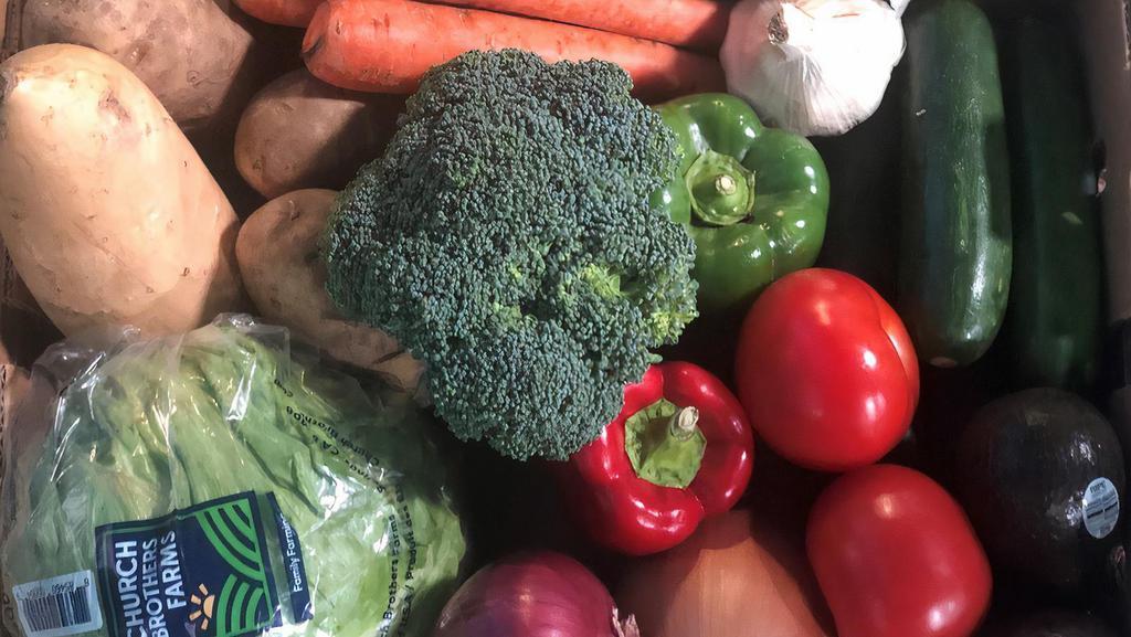 Vegetable Box · Potatoes, red/yellow onion, red/green bell pepper, tomatoes, avocados, green/yellow zucchini, lettuce, cucumbers, carrots, broccoli, garlic and sweet potato.  Some items may be  substituted. Approx. weight is 15-16 lbs.
