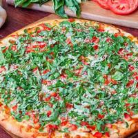 #13 Grilled Chicken Bruschetta · A thin crust pizza, creamy garlic sauce, grilled chicken, diced tomatoes, fresh basil and pa...