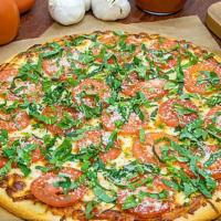 #00 Margherita · A thin crust pizza, garlic tomato sauce, roma tomatoes, fresh basil and parmesan cheese.