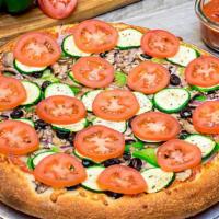 #3 Vegetarian · Red onions, bell peppers, zucchini, black olives, mushrooms and roma tomatoes.
