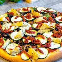 #15 Cheeseless Veggie · Mushrooms, bell peppers, red onions, black olives, zucchini, artichoke hearts and sun-dried ...