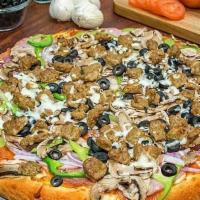 #2 Blockbuster · Pepperoni, salami, ham, red onions, green bell peppers, black olives, mushrooms and Italian ...