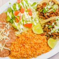 Gallos Taco Plate · Choice of meat, two gallos tacos with rice and beans.