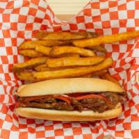 2. Philly Cheesesteak · Thinly sliced pieces of beefsteak and melted cheese roasted o ions, bell peppers in a long h...