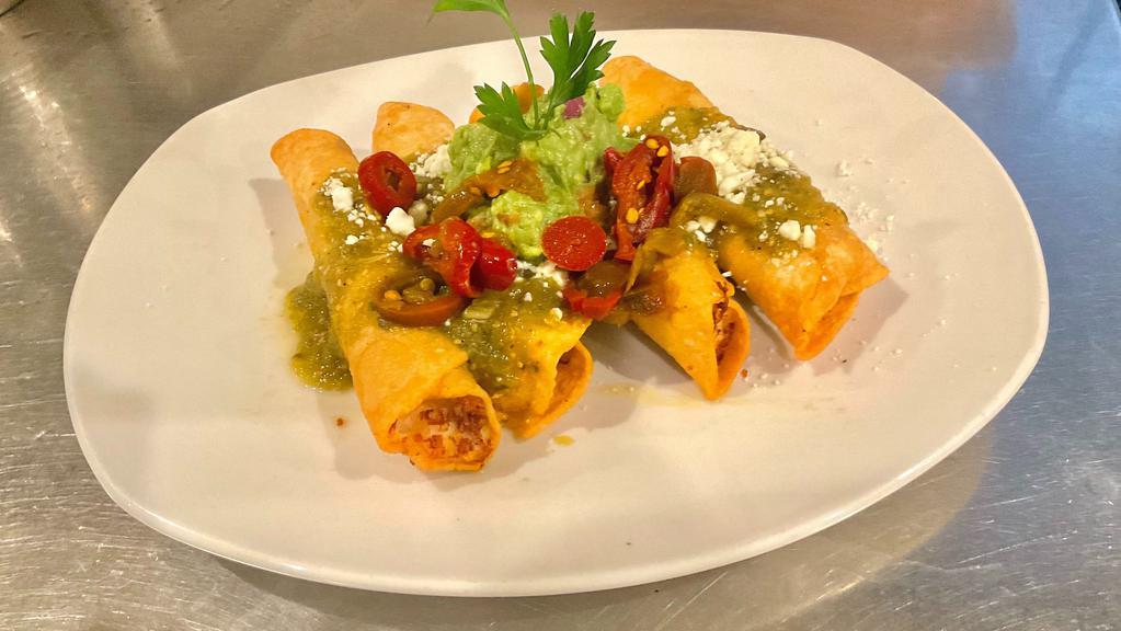 Mama Ana's Chicken & Potato Taquitos · Eddie may have borrowed this recipe from his mother in law, Salsa verde, guacamole, queso fresco, cherry peppers