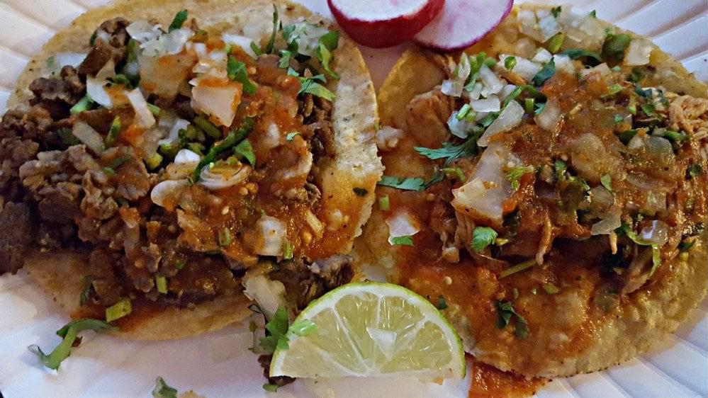 Tacos · hot salsa, Cilantro, and Onion