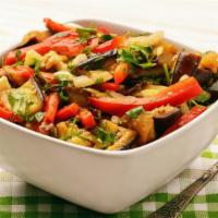 Eggplant Salad · Flaming hot oven-roasted eggplant, with mixed peppers, garlic, fresh herbs, lemon juice and ...