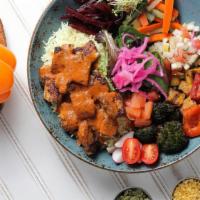 Blackened Chicken Tikka Bowl · Saffron/spinach rice, blackened chicken, turnip salsa, seasonal veggies, and pickles. Gluten...