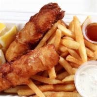 Fish 'n Chips · Anchor steam beer battered wild cod fillets with fries served with tartar sauce and malt vin...