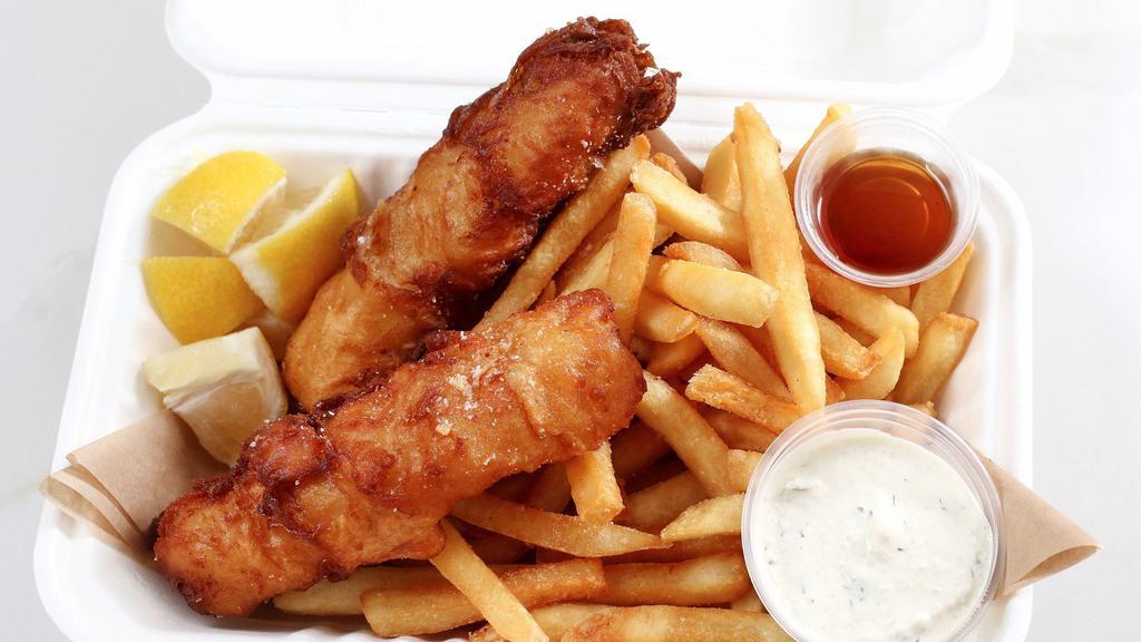 Fish 'n Chips · Anchor steam beer battered wild cod fillets with fries served with tartar sauce and malt vinegar.