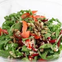 Forbidden Greens · Arugula, spinach, tomatoes, quinoa, beets, roasted red peppers, pepitas and balsamic vinaigr...