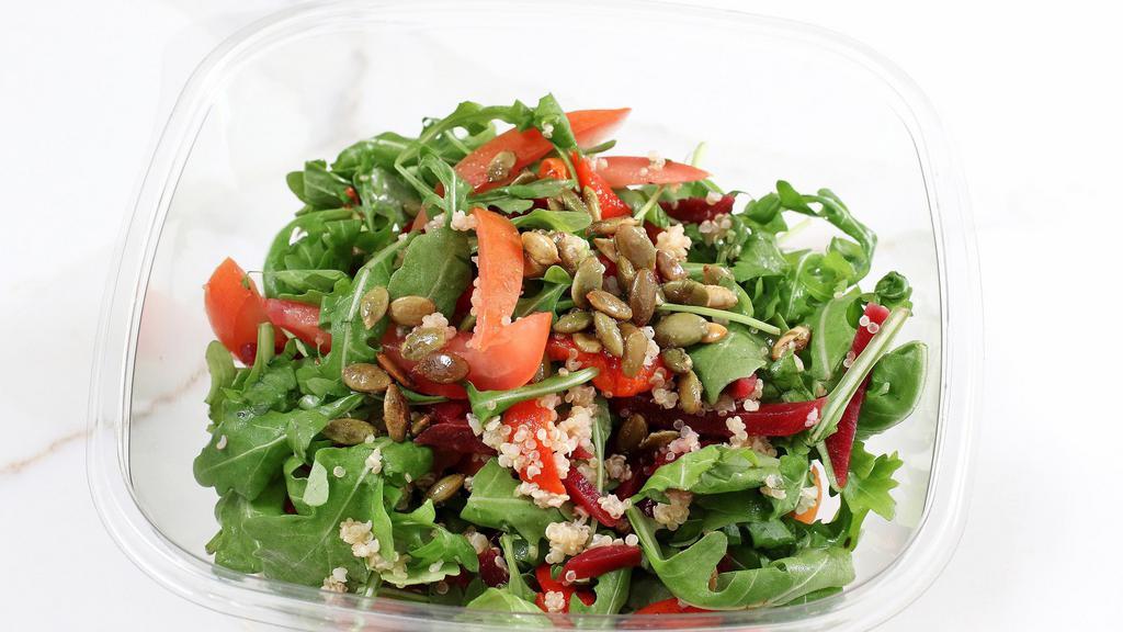 Forbidden Greens · Arugula, spinach, tomatoes, quinoa, beets, roasted red peppers, pepitas and balsamic vinaigrette.