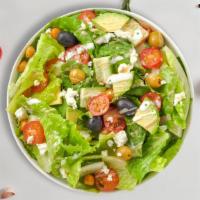 Mr. Mediterranean Salad · Iceberg lettuce, bell peppers, red onions, fresh Roma tomatoes, green olives, green onions, ...