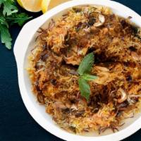 Hyderabadi Chicken Biryani  (HCB) · Long grain basmati rice flavored with saffron is cooked in a traditional hyderabadi style wi...