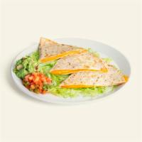 Vegan Quesadilla · Gooey melted vegan cheese in a grilled flour tortilla and served with pico de gallo and guac...