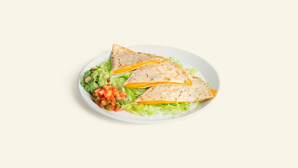 Vegan Quesadilla · Gooey melted vegan cheese in a grilled flour tortilla and served with pico de gallo and guacamole.